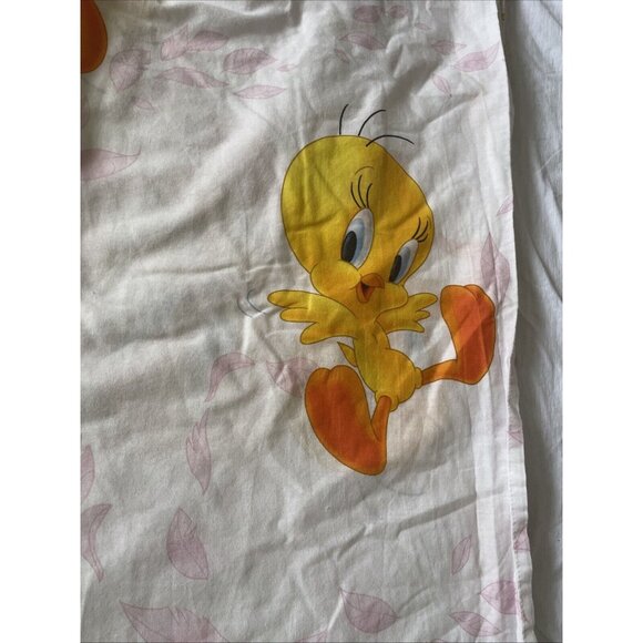 Vintage Tweety Bird & Sylvester Twin Flat Sheet Warner Bros 90s Cartoon White Pi - Picture 3 of 11